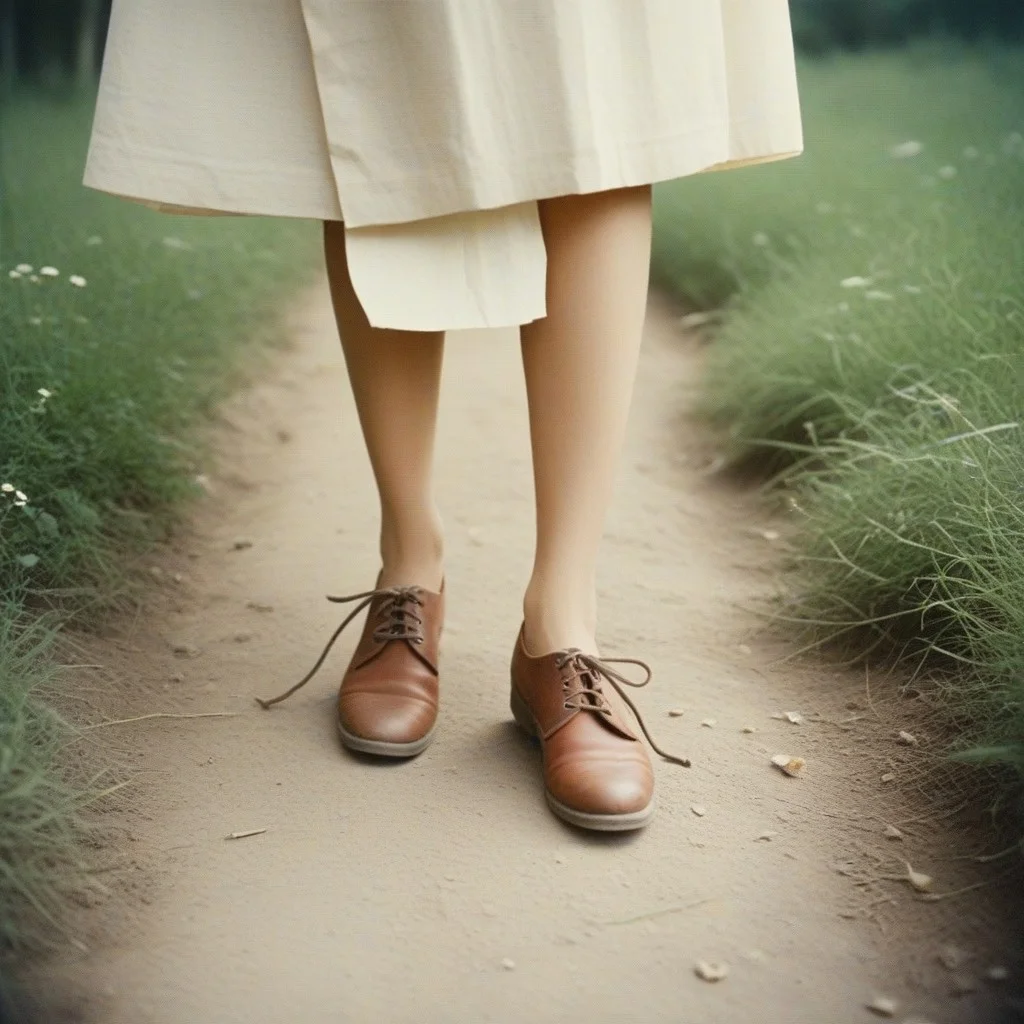 Une paire de chaussures de marche usées jusqu’à la semelle, posées à côté d’un vieux sac en toile. Les lacets sont noués, mais l’un est cassé. Des traces de terre sèche et des brins d’herbe restent coincés entre les coutures. Un petit morceau de papier jauni dépasse de la poche : une photo déchirée, à moitié effacée par le temps.
