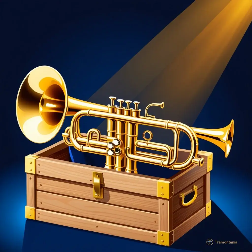 Close-up flat design illustration of a vintage-style brass trumpet resting on a wooden crate filled with rolled sheet music and vinyl records, bathed in warm golden spotlight beams against a dark blue background, symbolizing the fusion of tradition and modern celebration.