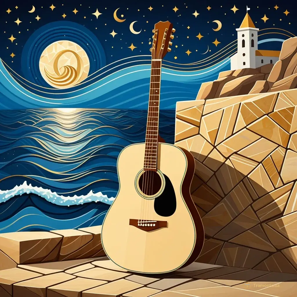 Detailed flat design illustration of a stylized acoustic guitar leaning against a textured stone wall near the harbor, with abstract geometric waves in cream and blue representing the sea nearby, under a starry night sky with golden musical notes drifting upwards.