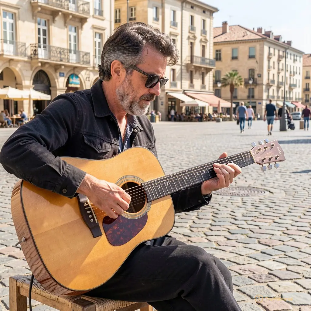 Un musicien de rue joue une guitare acoustique sur une place pavée d'Argelès-sur-Mer