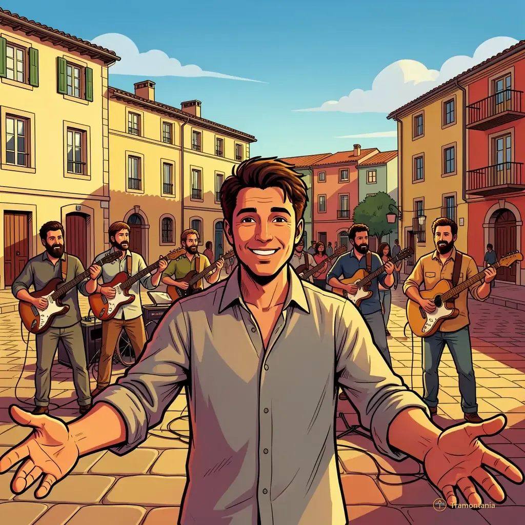 Un groupe de musiciens joue dehors sur la place principale avec l'architecture locale visible derrière eux