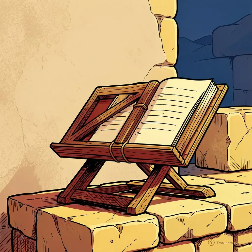 Un pupitre en bois repose sur une corniche de pierre simple, supportant des partitions musicales attachées par un élastique contre un mur texturé