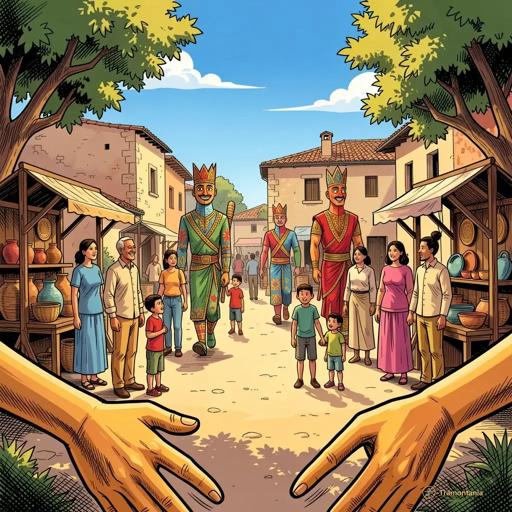 Nino, l'âne de Tramontania — Une place de village accueille un défilé coloré où de grandes figures passent devant des échoppes remplies d'artisanat