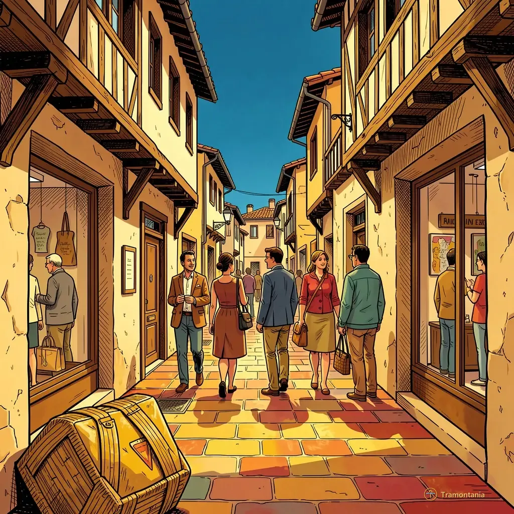 Nino, l'âne de Tramontania — Une rue étroite et ensoleillée du vieux centre de Perpignan montre plusieurs groupes de personnes se promenant tranquillement