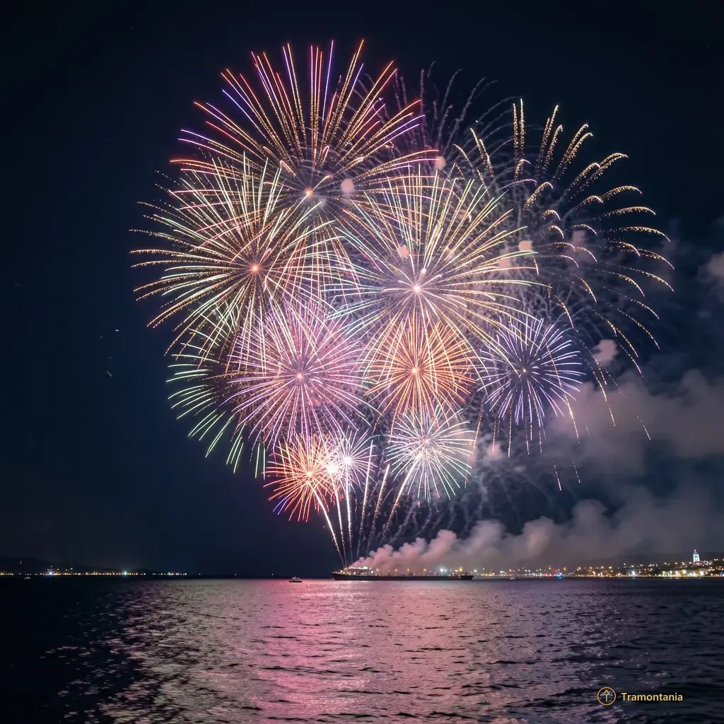 Nino, l'âne de Tramontania — Un spectacle pyrotechnique éclatant illumine le ciel nocturne au-dessus de la mer Méditerranée avec des couleurs vives