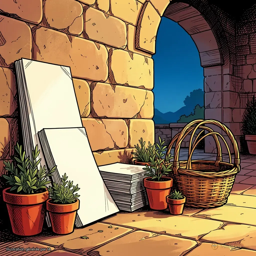 Nino, l'âne de Tramontania — 2D comic book illustration, bold black ink outlines, cel shading, flat saturated colours, dense linework with hatching, richly detailed scene, warm southern light, gold and yellow and red in the foreground with deep blue in the scenery. A close-up on a weathered stone wall (the material detail) forming part of an outdoor walkway near a large archway entrance. Resting against this wall are several objects: stacks of bound paper or pamphlets without visible text, small terracotta pots filled with local herbs, and intricately woven baskets made from natural reeds. The light is bright but diffused; the focus is entirely on the texture and arrangement of these materials in the immediate foreground.