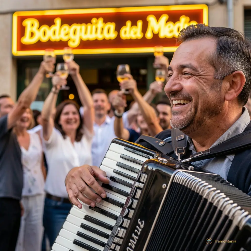 Proche plan d’un accordéoniste souriant, les doigts pressés sur les claviers, fond flou de gens levant des verres en l'air, derrière lui une enseigne « Bodeguita del Medio » illuminée