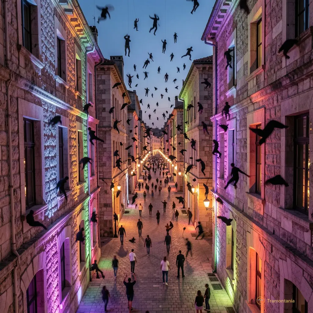 Vue plongeante sur les lumières colorées qui dansent entre les façades de pierre, des silhouettes en mouvement comme des notes errantes sur une partition géante