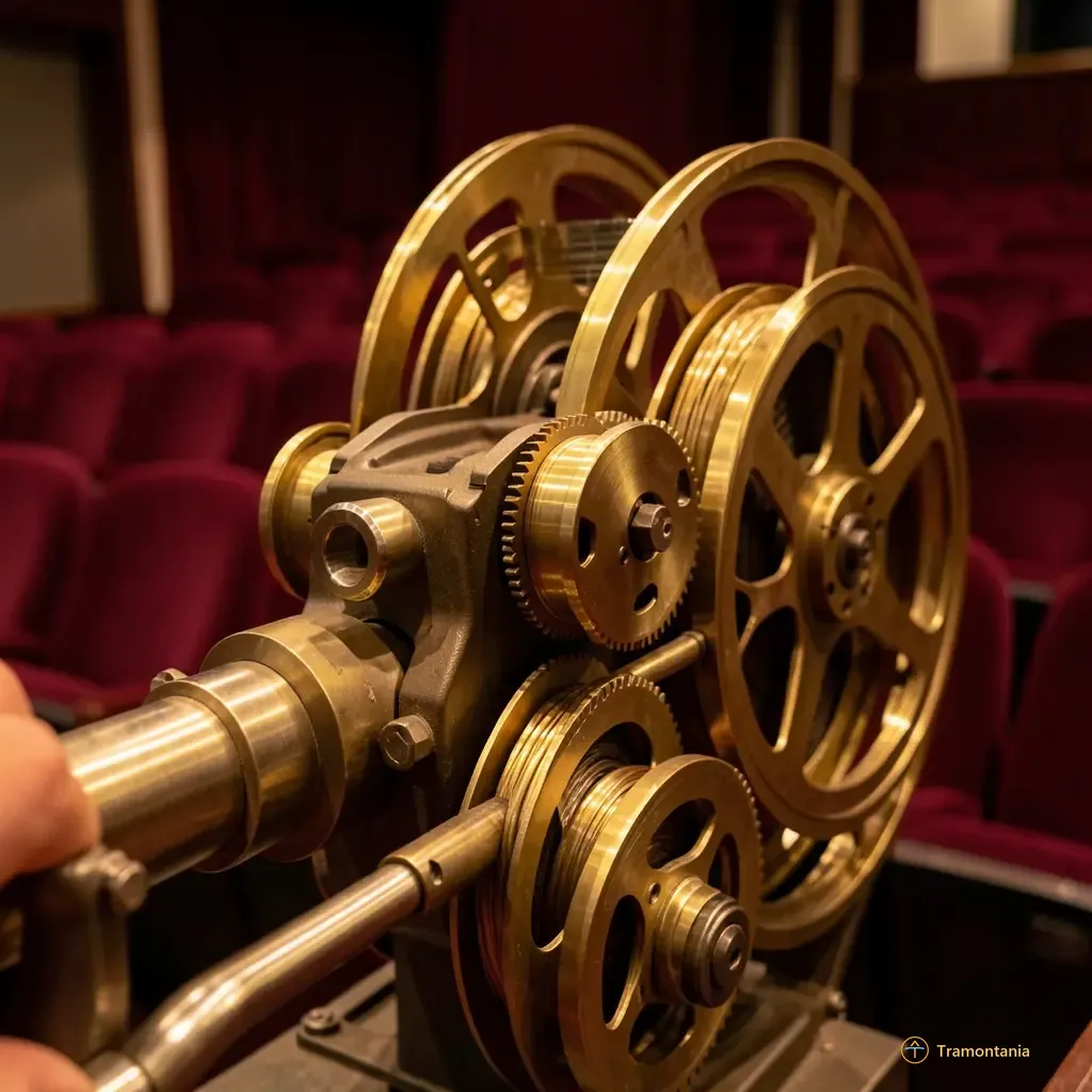 Nino, l'âne de Tramontania — A detailed shot of a vintage movie projector mechanism inside an empty cinema hall. The focus is on the brass gears and spools (reels) attached to the main shaft. Warm ambient light illuminates the polished metal parts against dark red velvet seating visible in the background, emphasizing mechanical precision and industrial design. No film strips or posters are present.