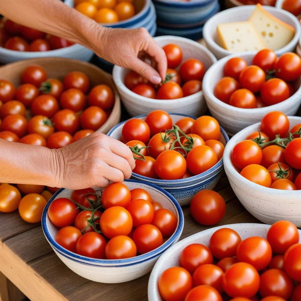 Close-up of weathered hands arranging a vibrant pile of ripe Roussillon tomatoes and rustic ceramic bowls filled with local cheeses on a wooden market stall