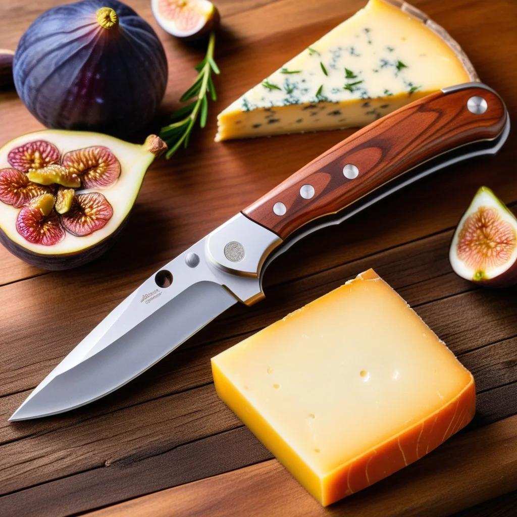 Detailed macro shot of a sharp pocket knife with a boxwood handle resting on a rustic wooden table next to slices of aged local cheese and fresh figs