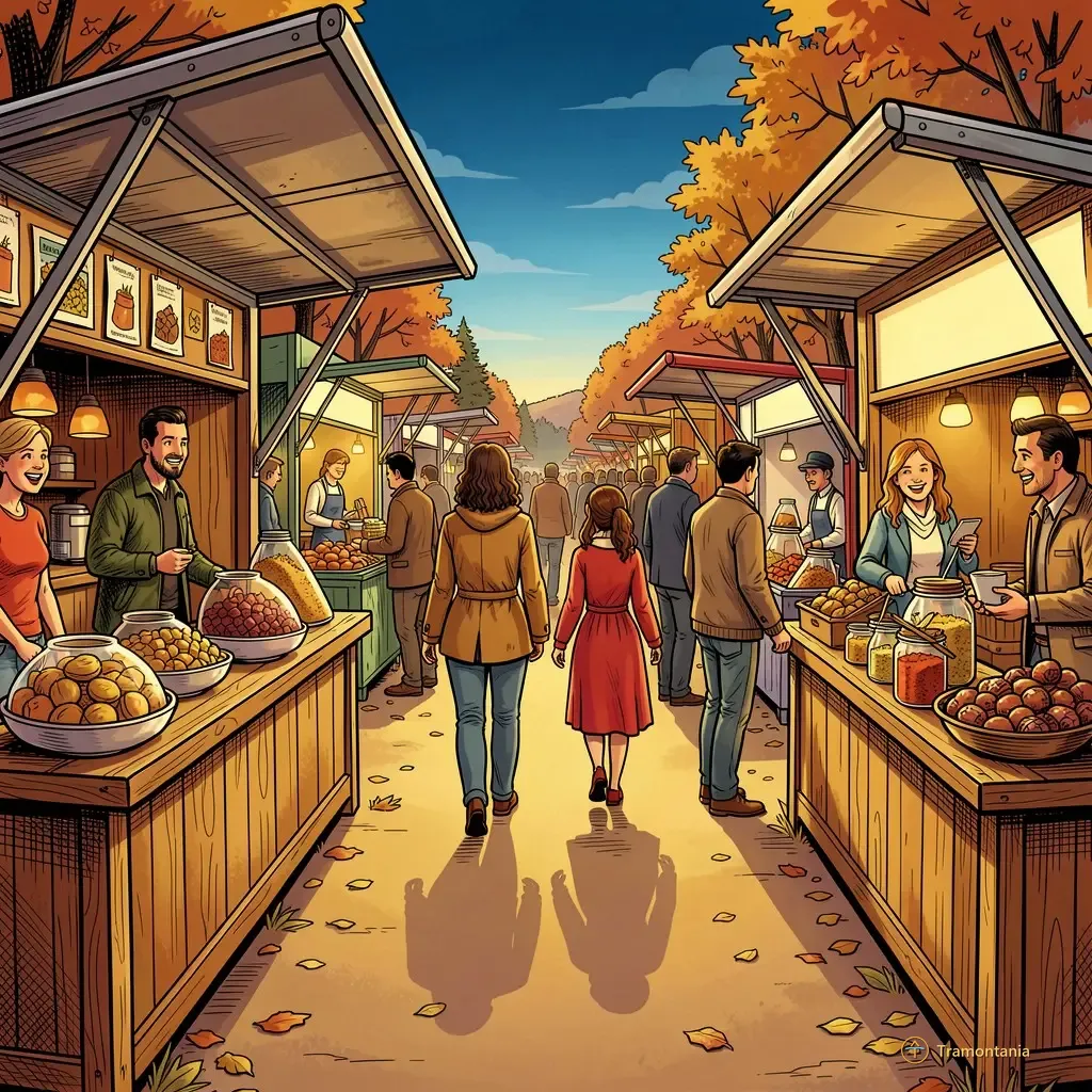 Nino, l'âne de Tramontania — Une allée animée du marché perpignanais montre différents stands alimentaires avec leurs marchandises exposées sur tables en bois un après-midi doux