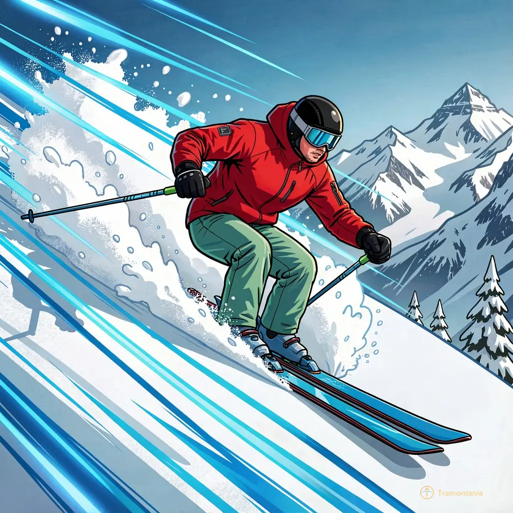 Illustration BD dynamique montrant un skieur en action sur une pente raide, avec des lignes de vitesse bleues vives et des éclaboussures de neige stylisées ; le style est graphique, net et plein d'énergie