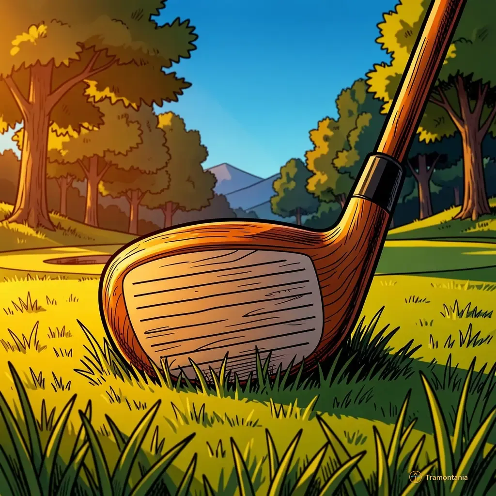 Nino, l'âne de Tramontania — Une tête de club de golf repose sur l'herbe, contrastant avec la texture verte du gazon au pied d'un tee box