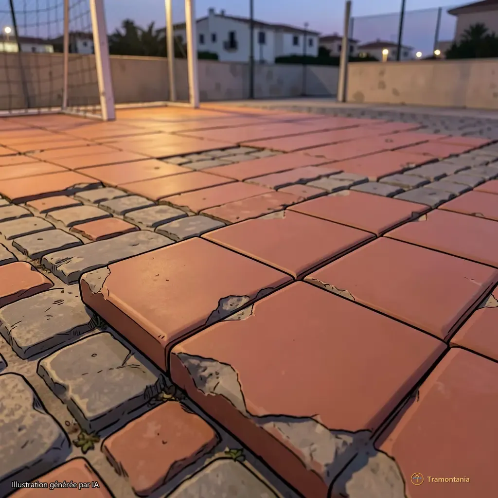 Nino, l'âne de Tramontania — Detailed shot focusing on the texture of old, worn terracotta tiles and uneven cobblestones near a goal area in an urban setting like Canet-en-Roussillon. The lighting is even twilight light, emphasizing the material contrast between smooth tile and rough stone. 2D comic book illustration style with bold black ink outlines.