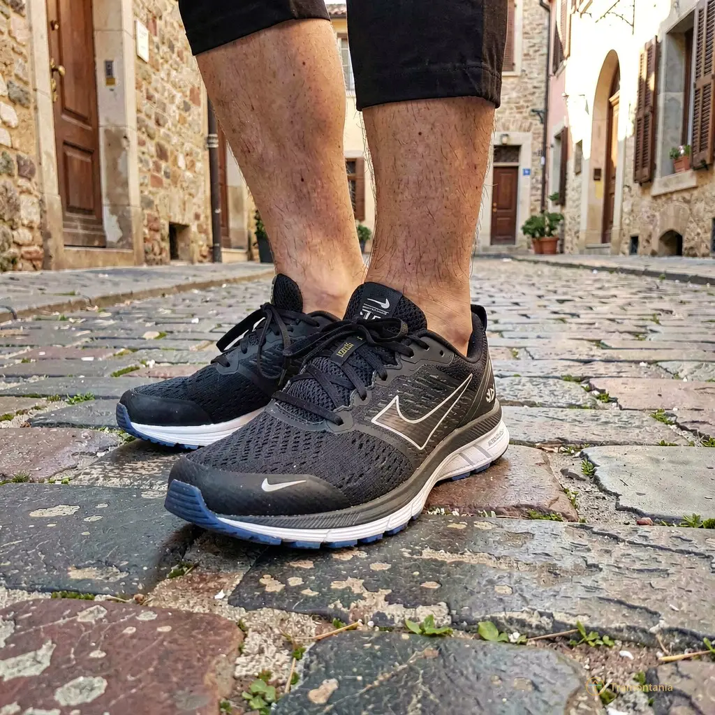 Gros plan artistique sur des pieds chaussés de running modernes posant avec précaution sur les dalles irrégulières et usées d'une rue du vieux village, contraste entre la technologie moderne et l'histoire ancienne