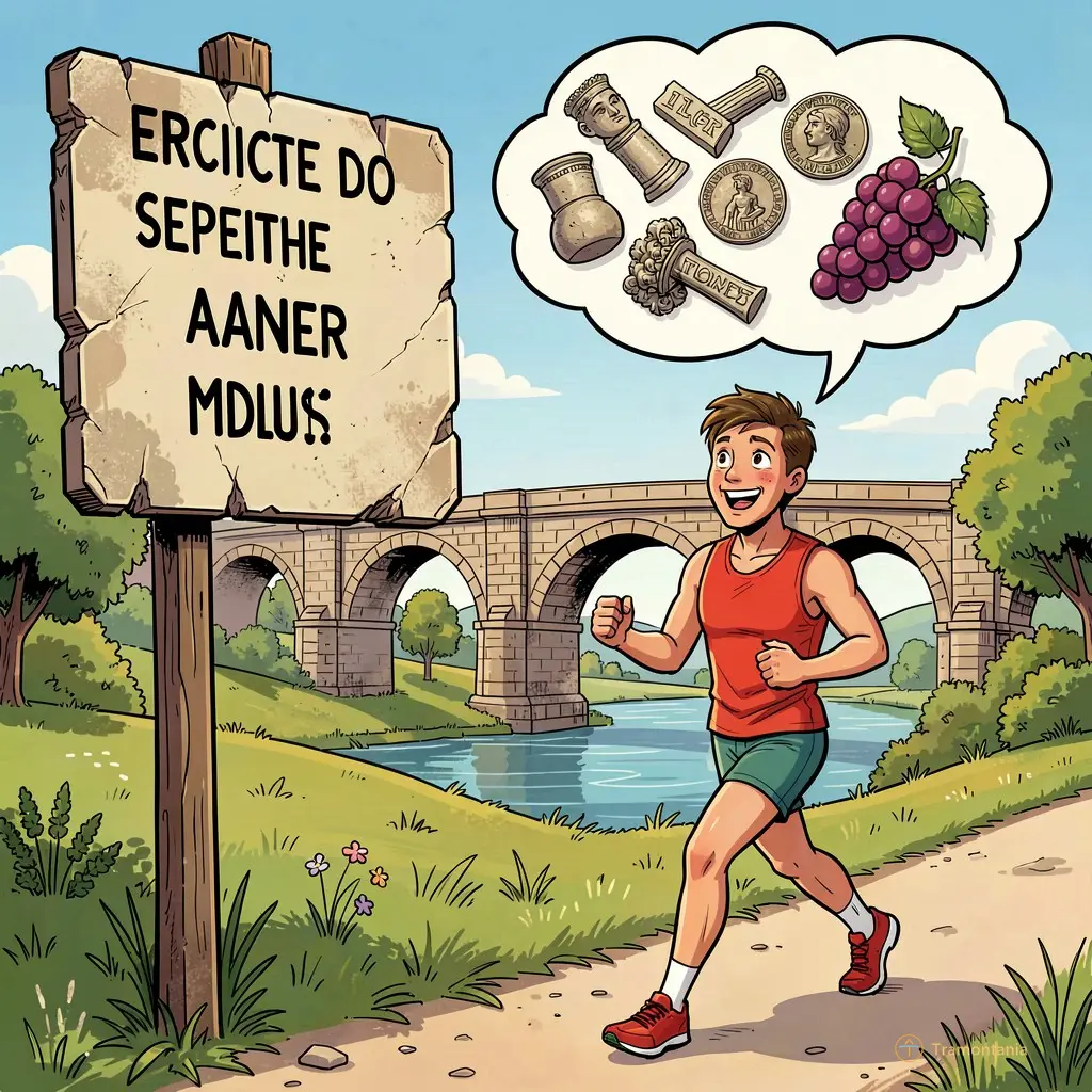 Illustration style bande dessinée colorée montrant un coureur souriant s'arrêtant près d'un panneau indicateur ancien, regardant vers le pont-aqueduc avec émerveillement, bulle de pensée contenant des pièces romaines et du raisin