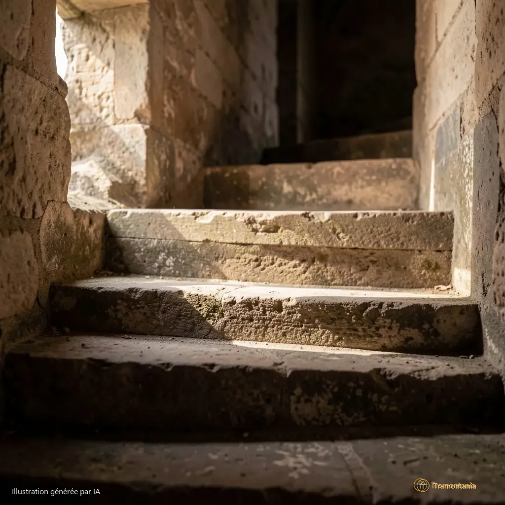 Détail d’un escalier en pierres usées, lumière rasante filtrant par une meurtrière, cadrage serré sur les marches et l’ombre projetée
