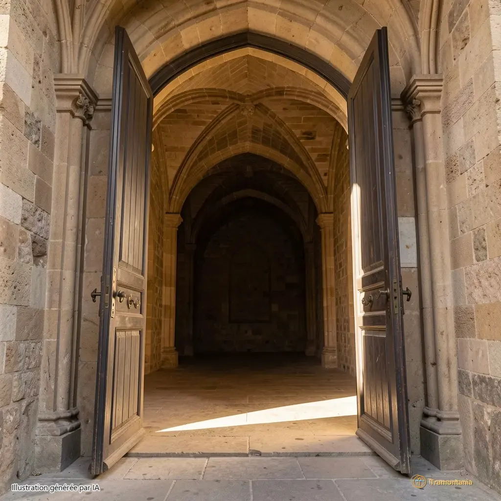 Porte principale ouverte, lumière d’après-midi éclairant l’intérieur sombre du passage voûté, cadrage en contre-plongée