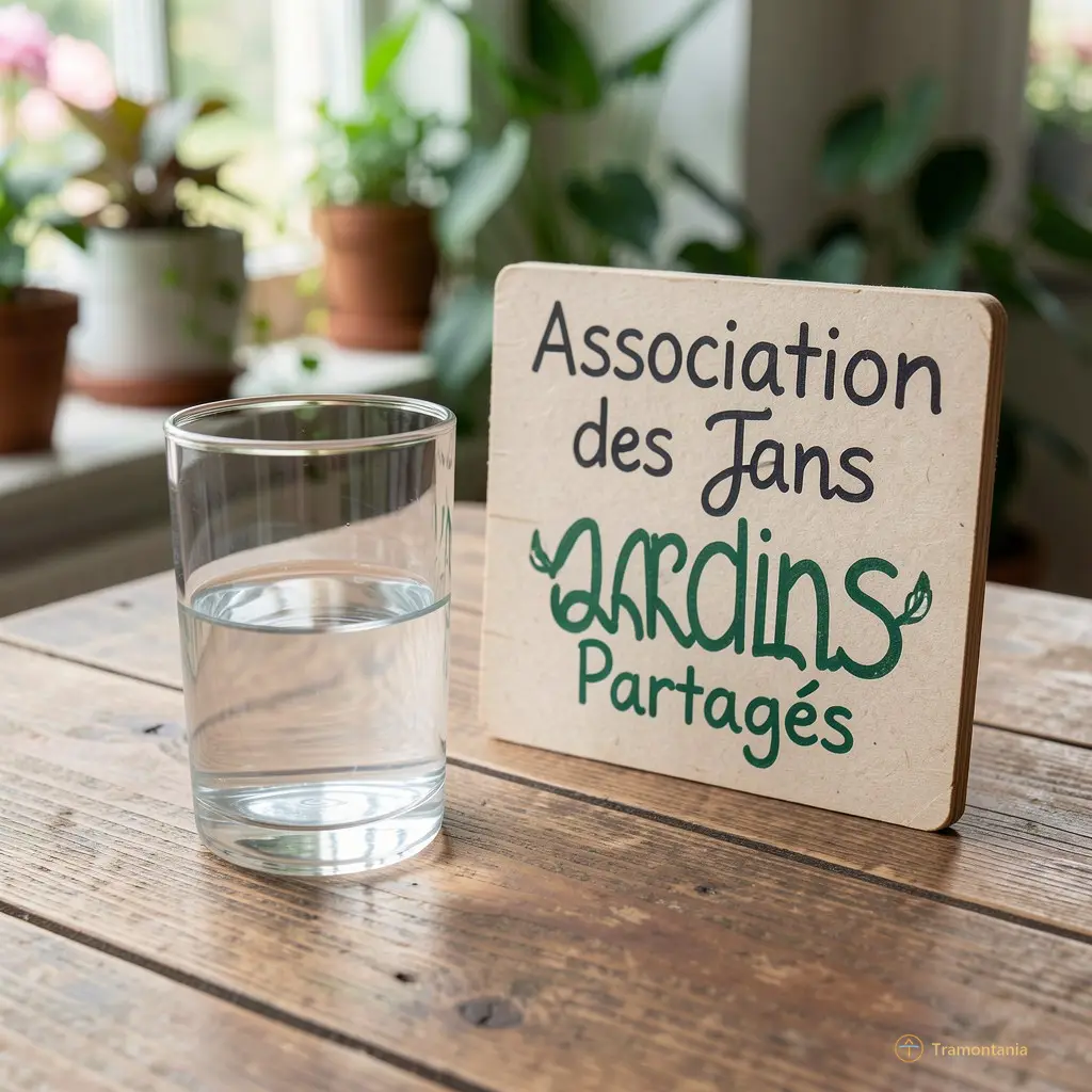 Main posant un verre sur une table en bois, à côté d’un panneau « Association des Jardins Partagés »