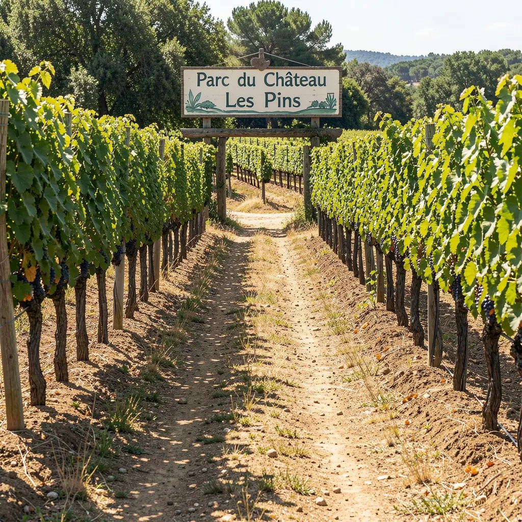 Sentier de terre entre deux rangées de vignes, avec un panneau « Parc du Château Les Pins » en fond
