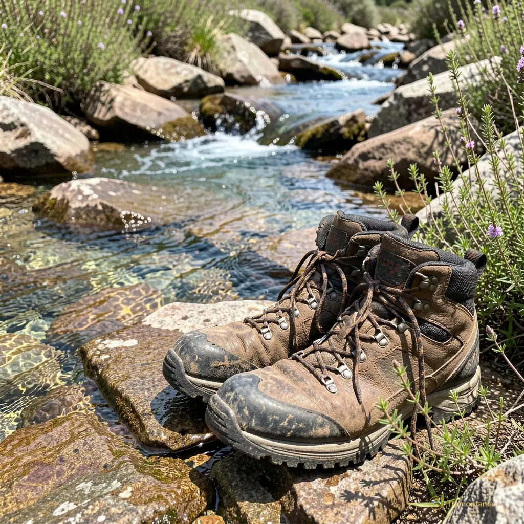 Gros plan sur des bottes de randonnée usées posées au bord d’un petit ruisseau cristallin qui coule entre des pierres plates et du thym sauvage