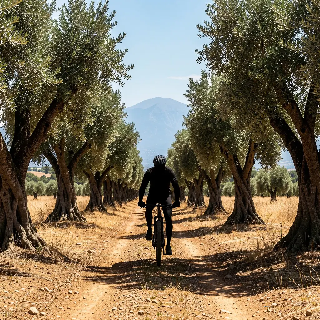 Silhouette d’un cycliste sur un sentier de terre battue, encadré par des oliviers tordus et une montagne lointaine sous la lumière crue du midi