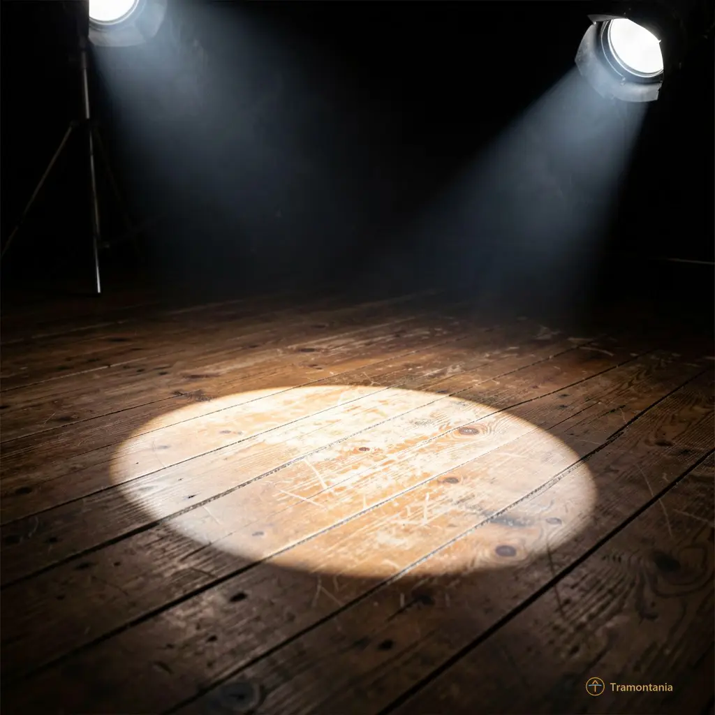 Close-up of theatrical spotlights creating dramatic shadows and high contrast on a wooden stage floor