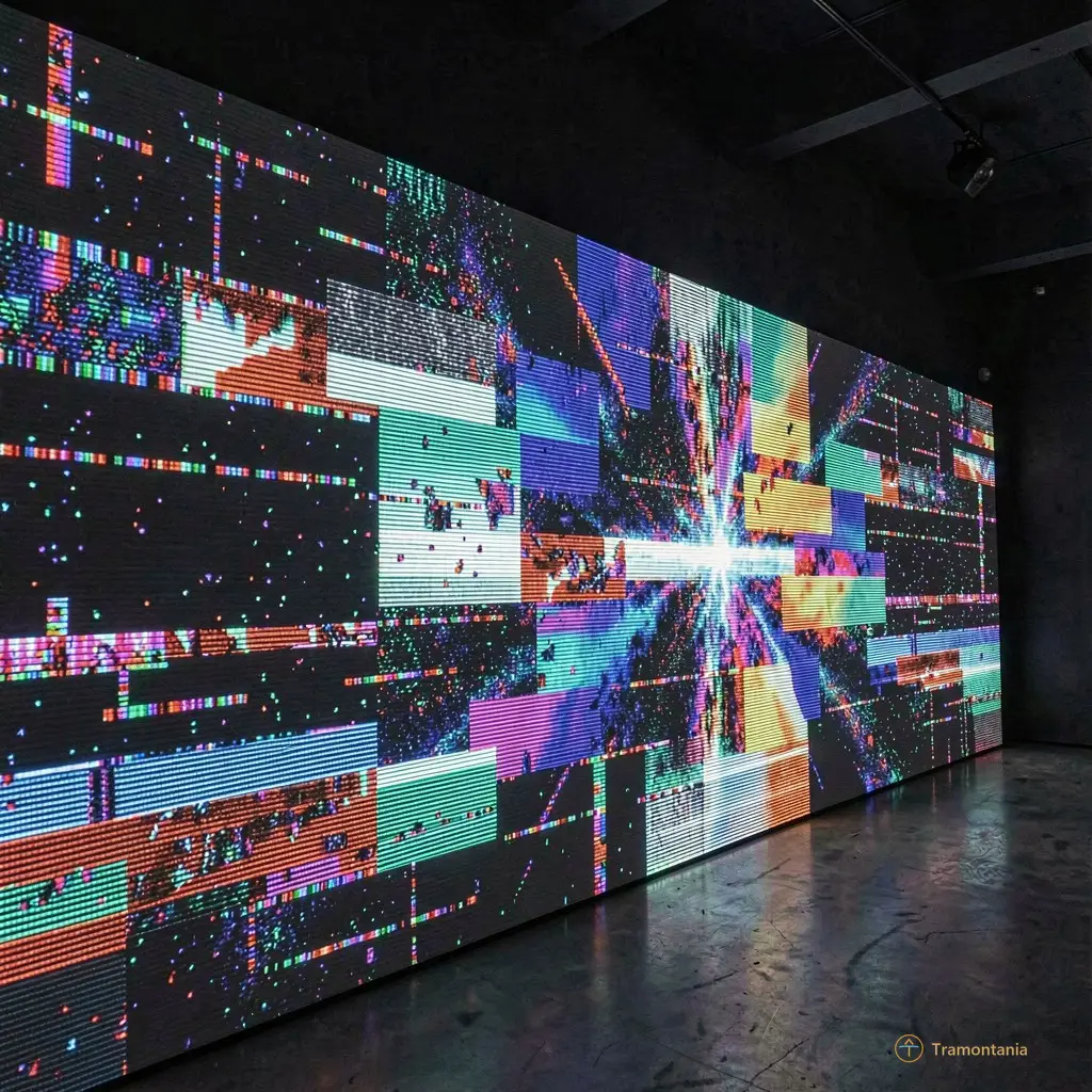 Abstract projection mapping on a dark wall showing glitch art and digital noise patterns