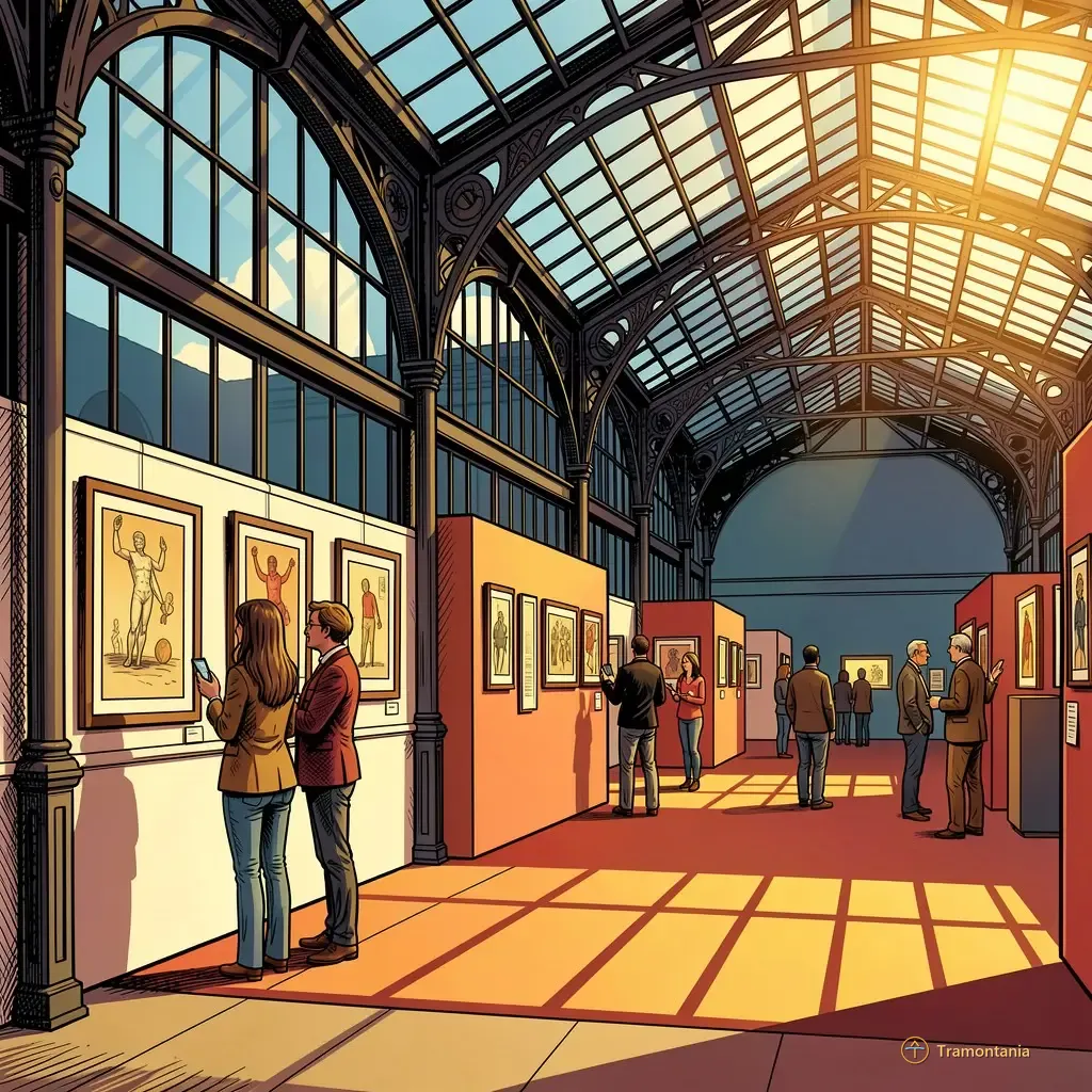 Des détails structurels de fer forgé et de panneaux de verre composant le plafond ou les parois d'un grand hall ancien sont visibles tandis que des adultes regardent des œuvres encadrées