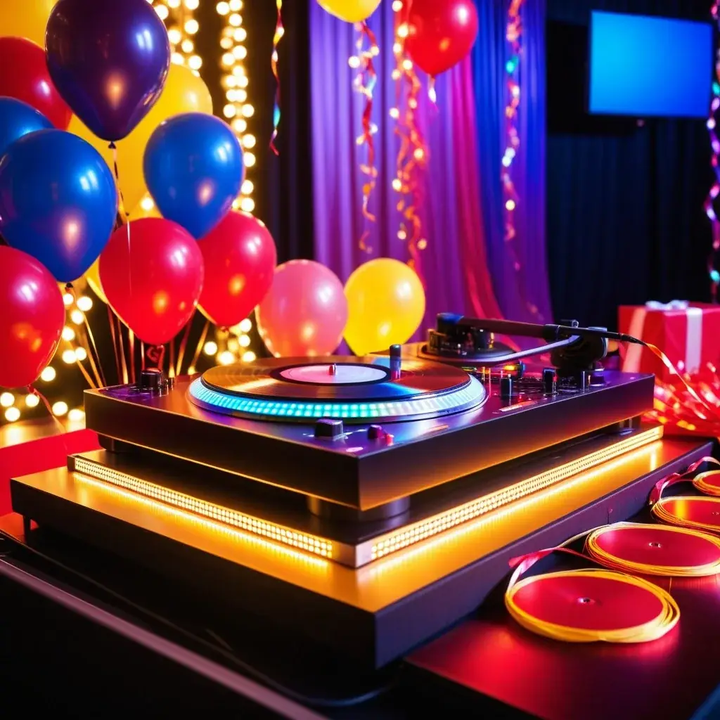 Close up of a DJ turntable setup on stage with colorful LED lights reflecting off the equipment, surrounded by festive party streamers and balloons in bright hues like red and gold.
