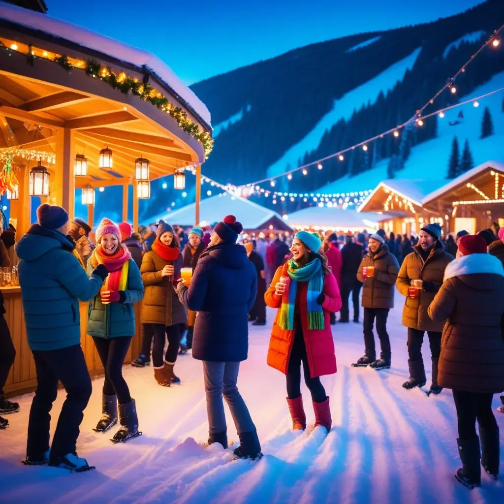 Detail shot of a festive winter party scene with people dancing near ski lifts, wearing colorful scarves and holding drinks, illuminated by warm stage lights and hanging decorative lanterns in the snow.