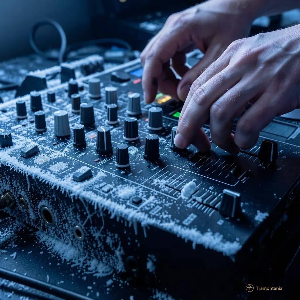 Close-up of a DJ controller with frost on the edges, hands adjusting knobs in low blue light