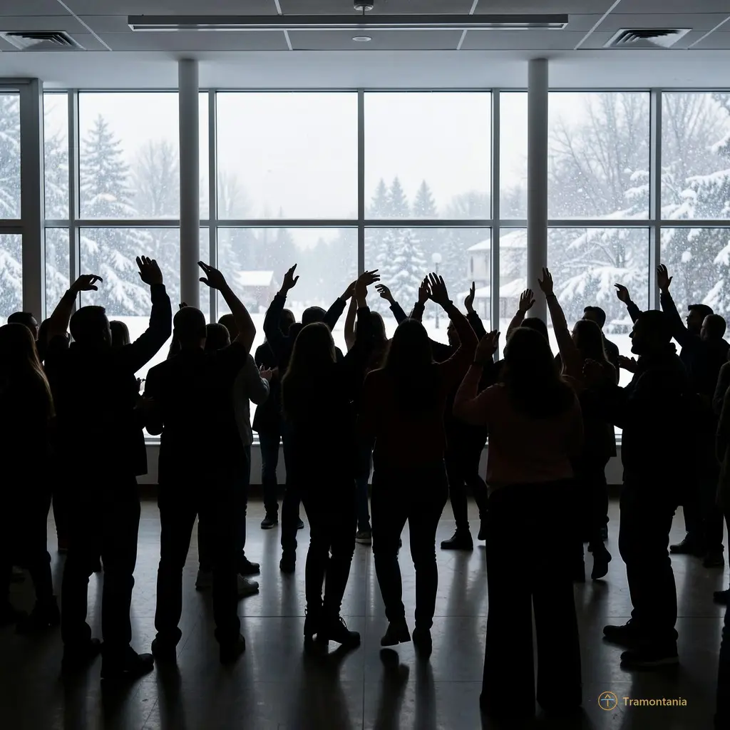 Silhouette of a crowd dancing indoors with snow visible through large windows behind them
