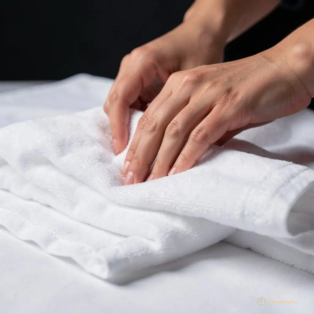 Gros plan sur des mains féminines en train de plier un linge blanc propre, avec une texture douce et lumineuse qui contraste avec l'ambiance sombre suggérée