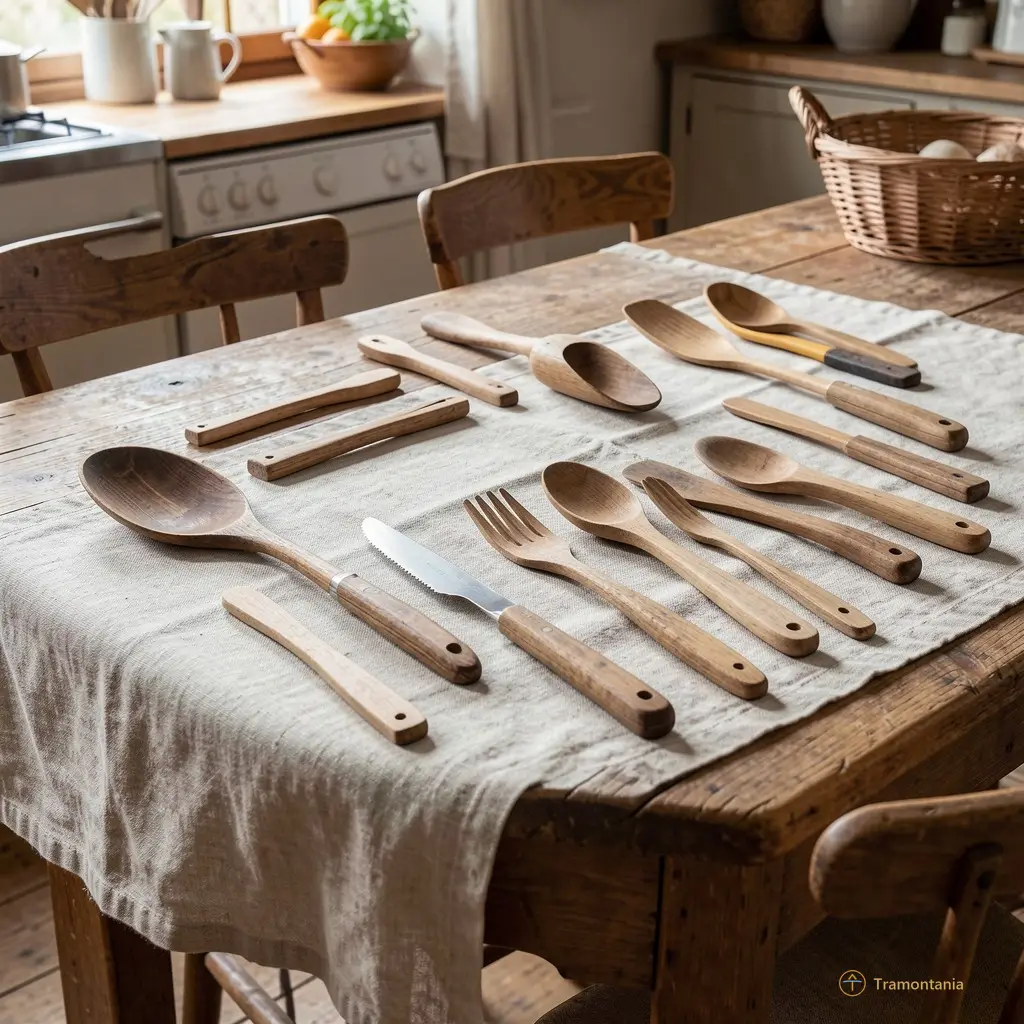 Une table de cuisine rustique avec une nappe simple posée dessus, des ustensiles en bois disposés de manière ordonnée mais rigide, évoquant la répétition mécanique