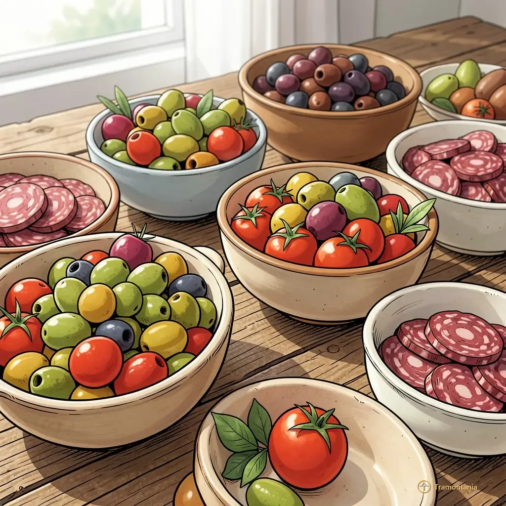 Nino, l'âne de Tramontania — Des bols de céramique remplis de produits régionaux colorés, tels que olives et tomates, sont disposés sur une surface en bois rugueux illustrés façon bande dessinée