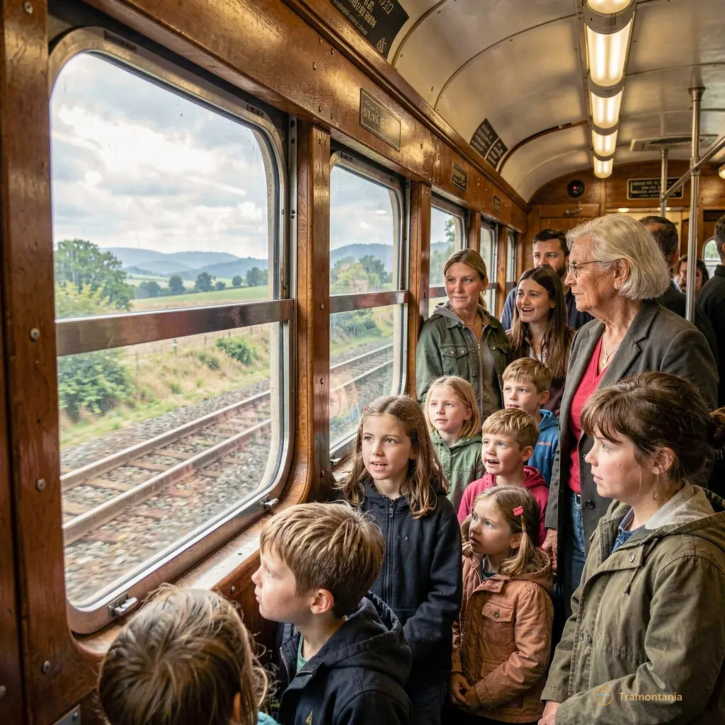A group of adults and children looking out the window of a vintage train with interest at passing landscape
