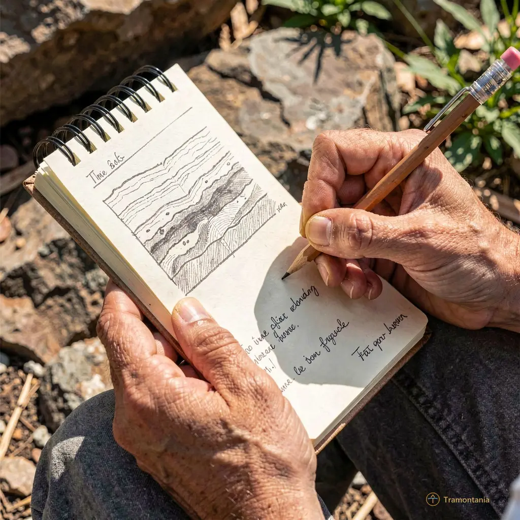 Hands holding a small notebook and pencil, sketching geological layers or notes during an outdoor session