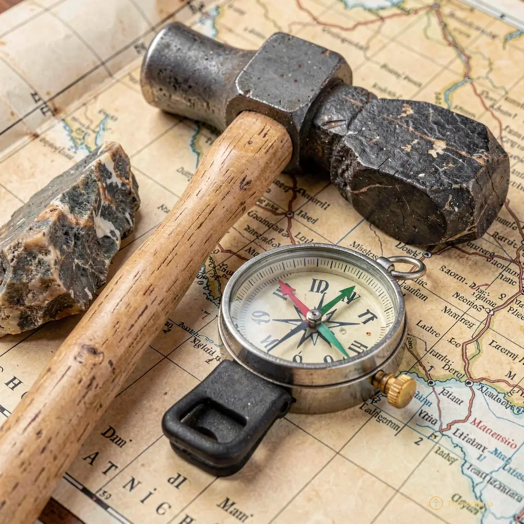 A detailed view of geological tools like a rock hammer and compass resting on a map