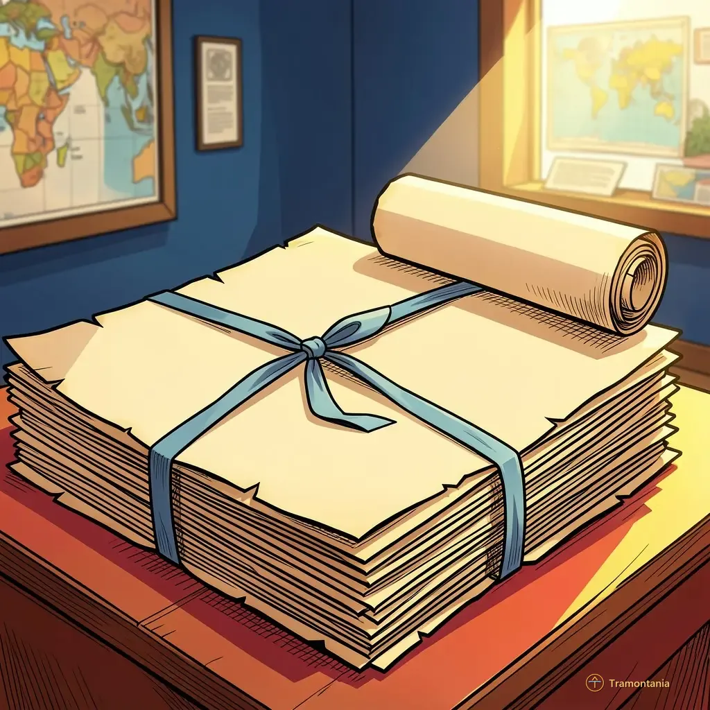 A close-up shot of a stack of old travel maps and navigational charts made of thick parchment paper, tied with faded blue ribbon. The background is slightly blurred but suggests the interior corner of an exhibition room setup. Bright afternoon light illuminates the edges of the rolled papers from above right.