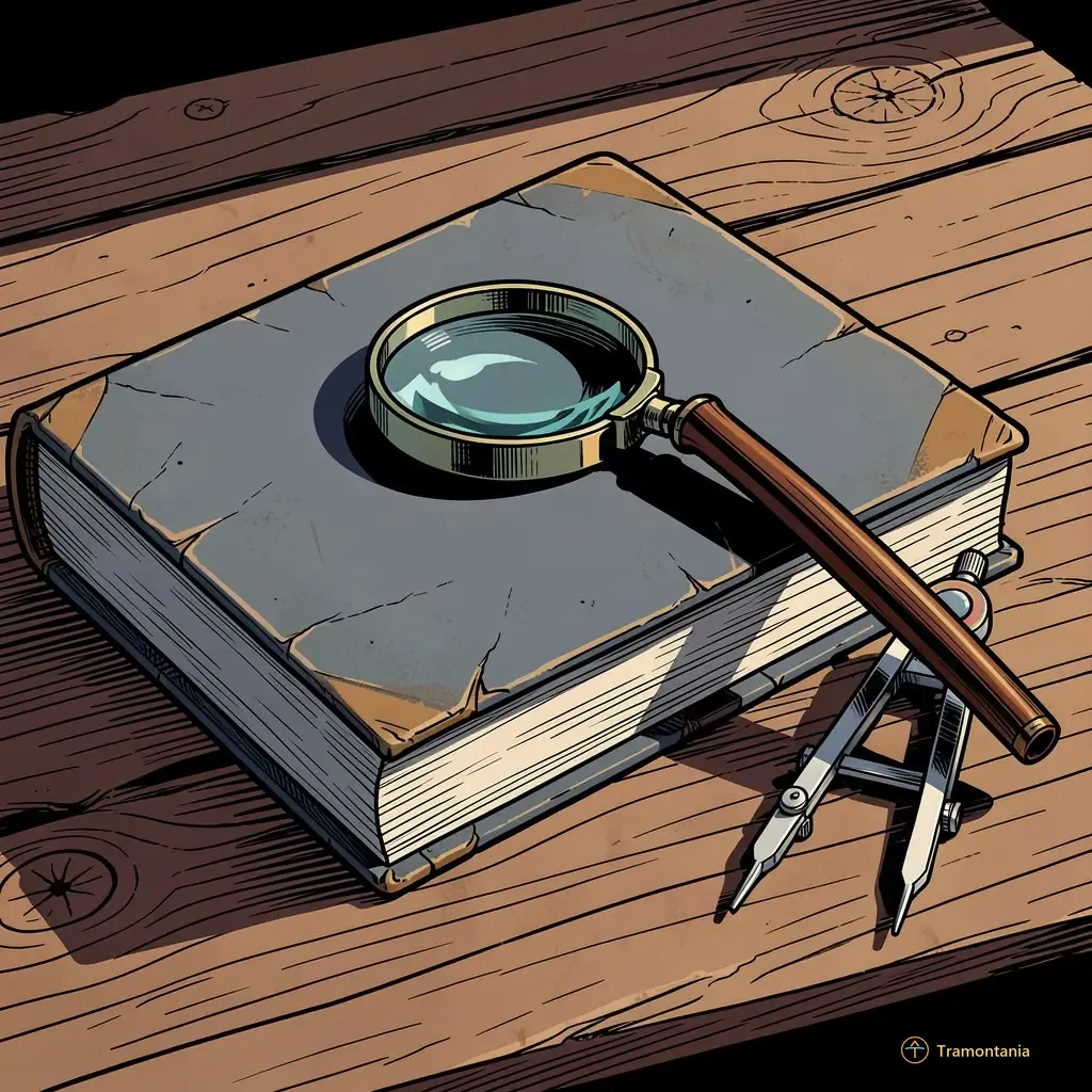 Une pile de livres anciens et instruments scientifiques repose sur un bois brut, projetant de longues ombres