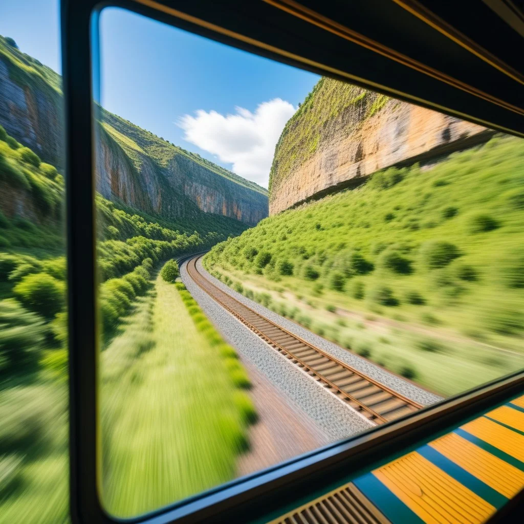 A wide-angle view from inside a moving train carriage looking out through the window at steep geological cliffs and green vegetation rushing by in motion blur, capturing the sense of speed against static rock formations.