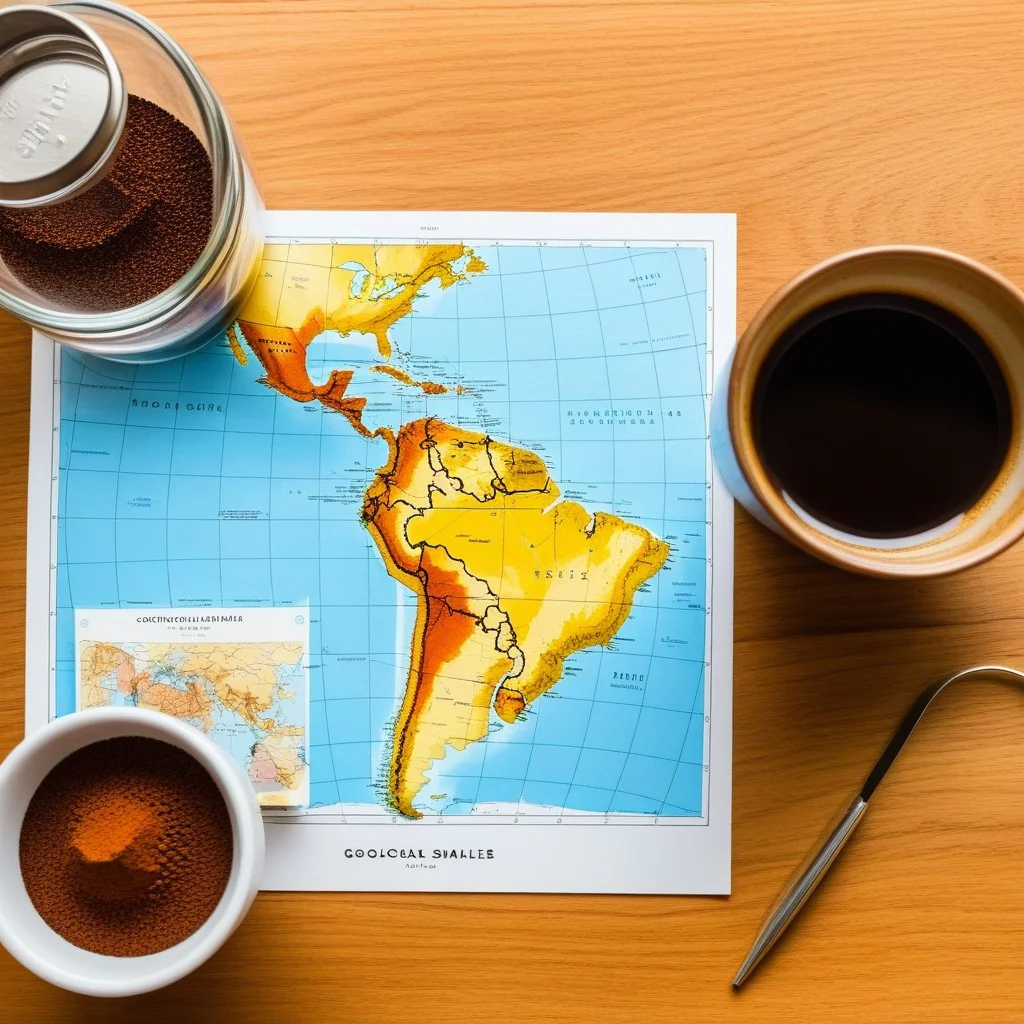 A detailed shot of a geological map or diagram being pointed at by a finger with a simple ring, resting on a wooden table next to a cup of coffee and some loose soil samples in small glass jars.