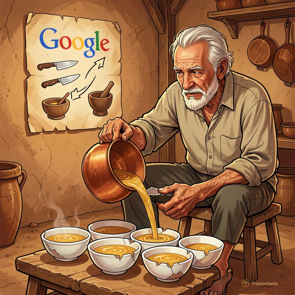 Illustration BD en couleurs vives : Un vieil homme aux mains calleuses, assis sur un tabouret bas dans une cuisine en terre battue, verse lentement la soupe d’un grand bol de cuivre vers quatre bols en porcelaine ébréchée. Au mur derrière lui : une affiche jaunie qui dit « Google » avec des flèches pointant vers trois couteaux et un mortier.