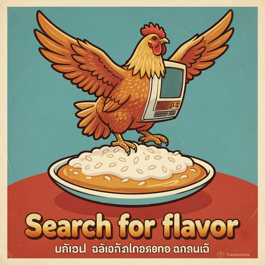Affiche rétro colorée, style années 60 — Un poulet stylisé en forme de logo d’ordinateur ancien vole au-dessus d’un riz gluant qui ressemble à une page web blanche. En bas : « Search for flavor » écrit en thai et français avec des polices déformées par la chaleur.