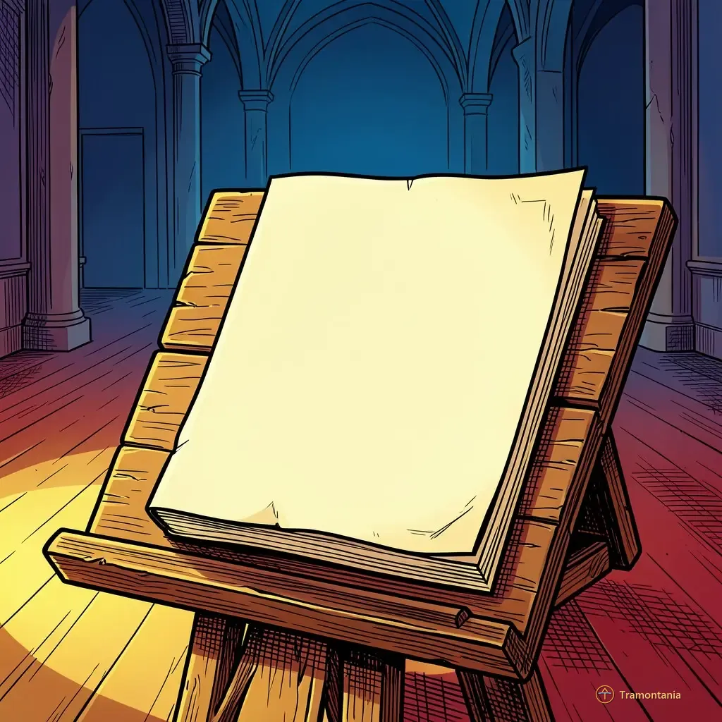 Un dessin montre une partition jaunie reposant sur un support en bois dans une salle déserte, sans inscription visible