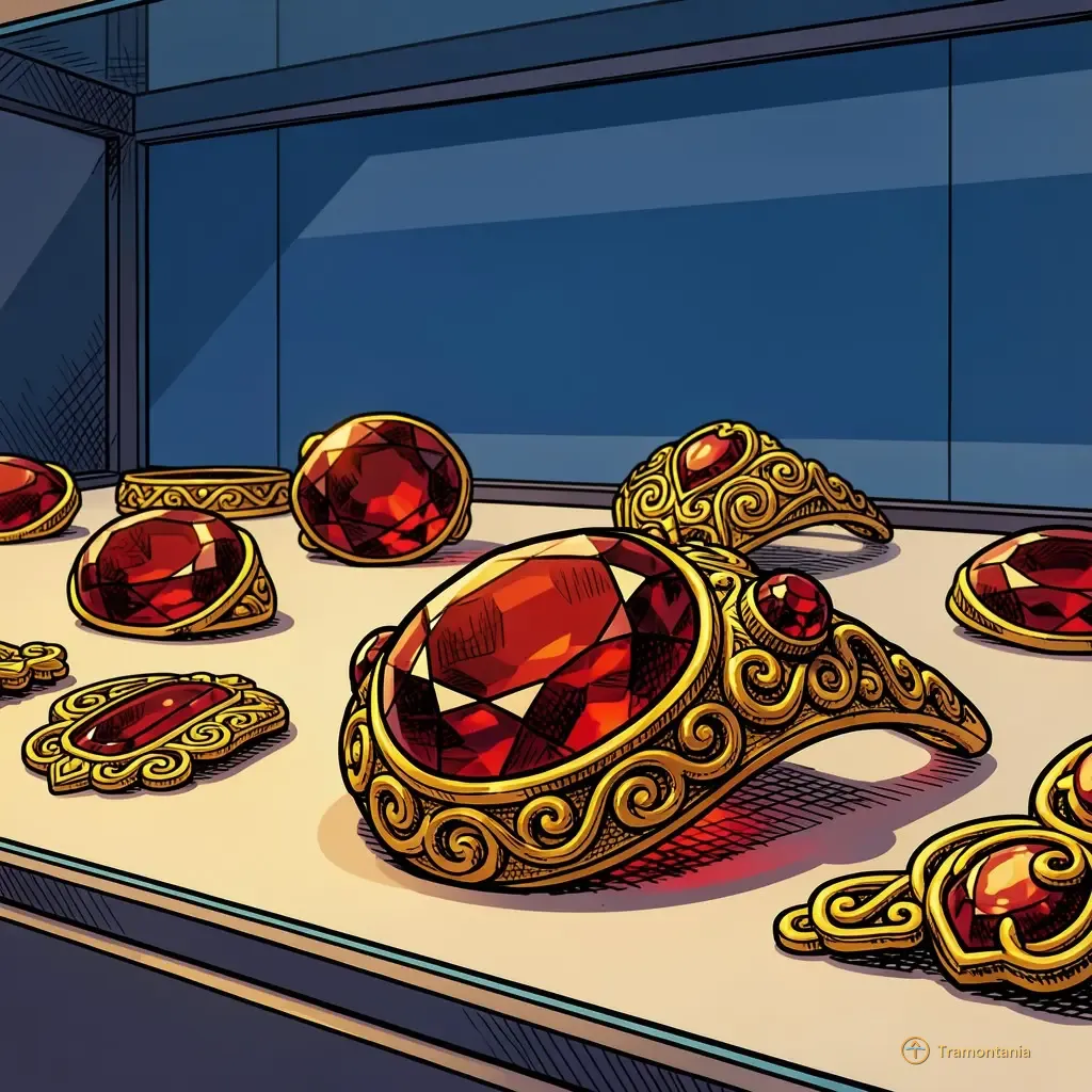 A close-up shot of various garnet gemstones and gold filigree jewelry pieces displayed in a museum case. The focus is sharp on the texture of the stone and the detail of the metalwork against a neutral background.