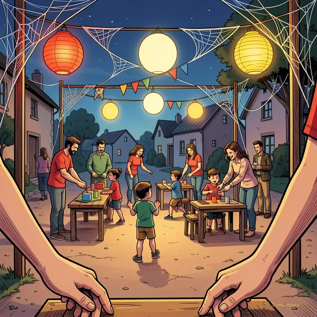 Nino, l'âne de Tramontania — Un stand forain éphémère près du centre-ville présente des décorations vives et des jeux simples autour de petites tables en bois