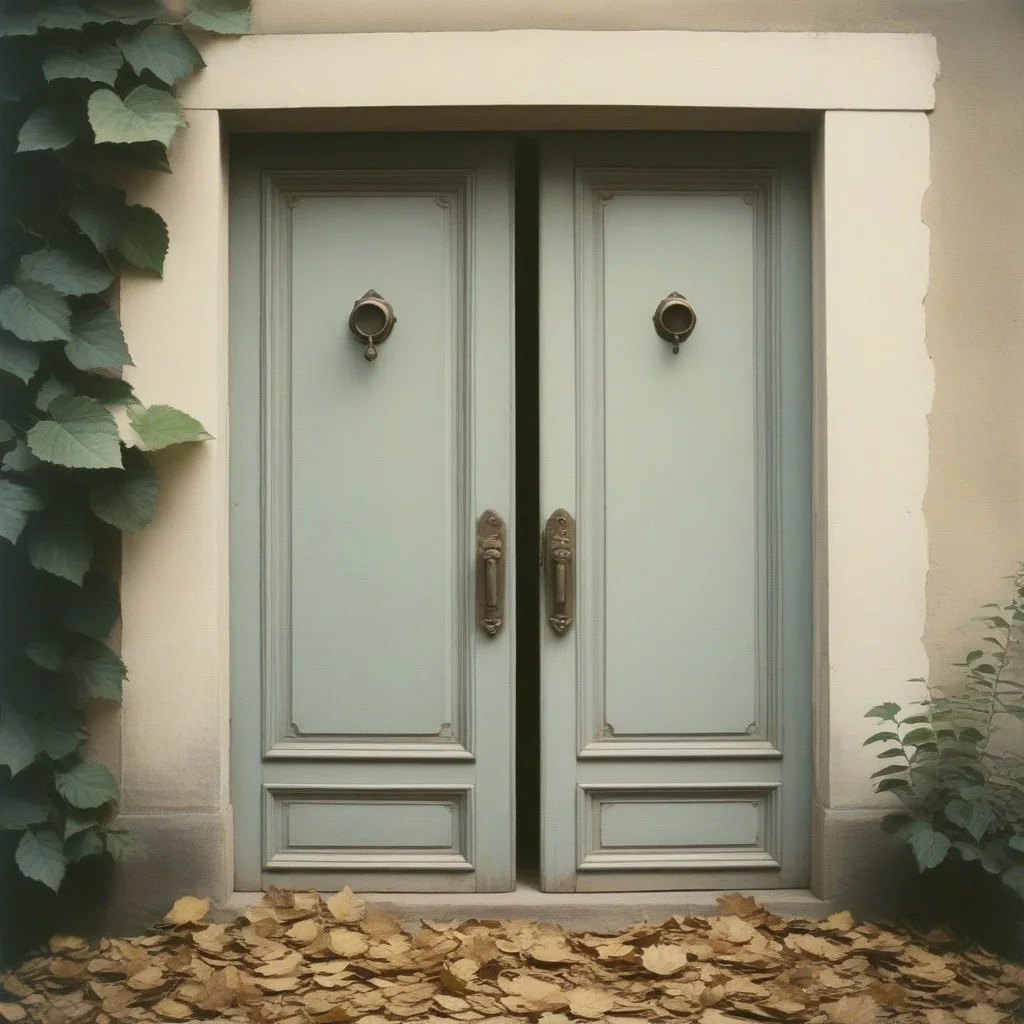 Porte en chêne massif, ancienne, avec des ferrures écaillées et une serrure à clé antique, entrouverte sur un noir profond. Des feuilles mortes sont coincées dans le seuil, comme si quelqu’un venait de passer.
